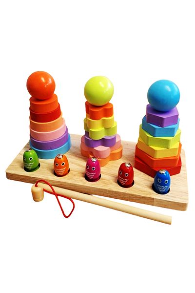 OEM 2 in 1 Wooden Game, Fishing and Stacking Tower, Montessori