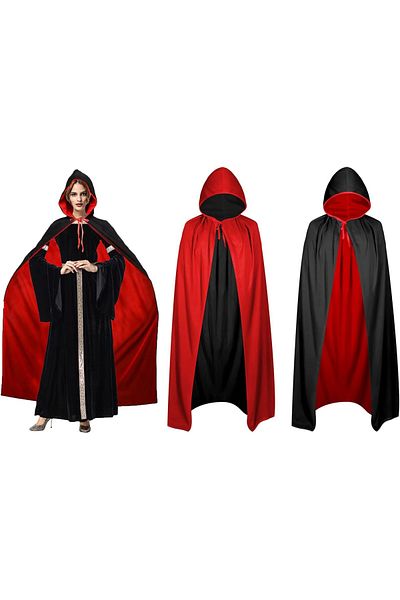 Findit Reversible Useable Black Red Hooded Cloak 140 cm Adult (2818)