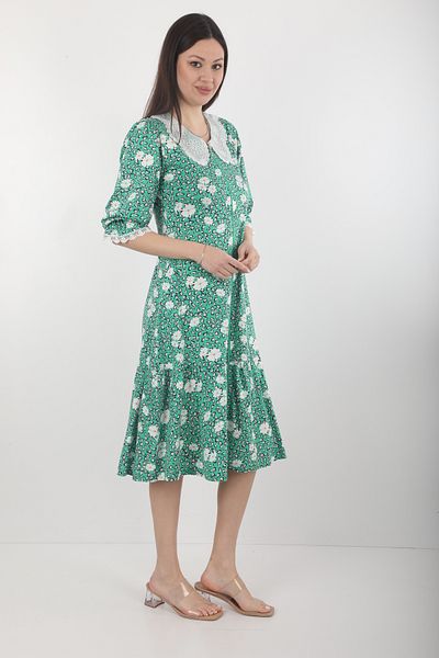 Wild Love Green Floral Pattern Lace Collar Zipper through Body Women Dress