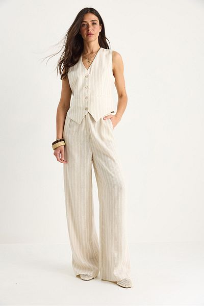 Bianco Lucci Vestă casual cu dungi groase pentru femei Pantaloni Palazzo Set de lenjerie de sus cu fundul de lenjerie 9311 60281065