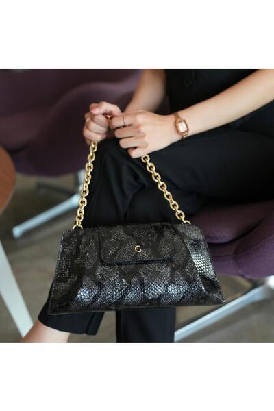 Platin Gri-Siyah Rugan Baskı Kadın Omuz Çanta