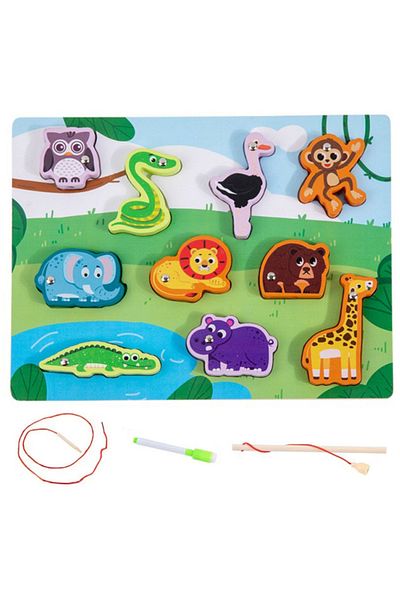 OEM Joc de pescuit magnetic din lemn 4 in 1, Animale salbatice