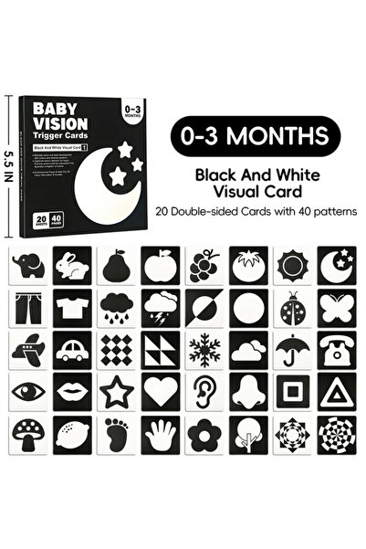 OEM Set 20 carduri stimulare vizuala bebelusi, cartonase cu imagini, poze alb negru, 0-3 luni