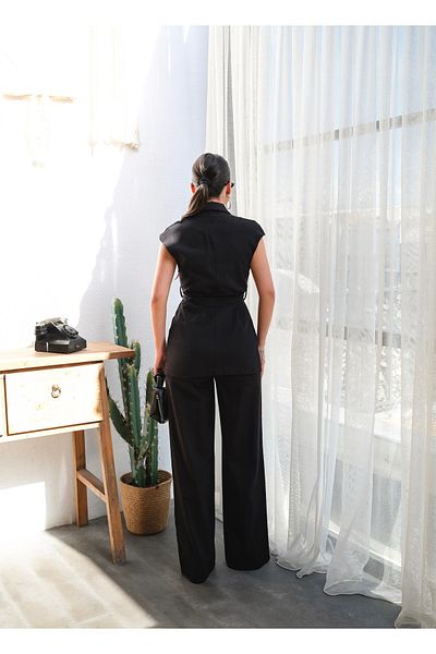 OUZ Fashion Women's Linen Belted Vest and Pants Set