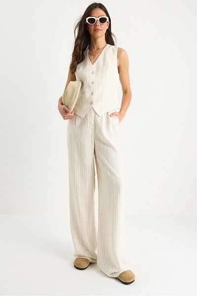 Bianco Lucci Women's Striped Striped Comfortable Vest Palazzo Trousers Linen Top and Bottom Set 9311 60281066