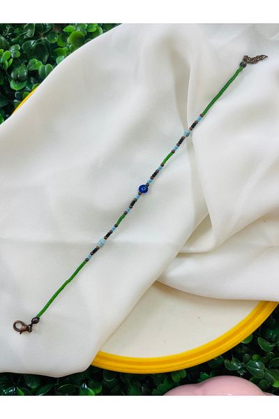 PONÇİK ACCESSORİES Evil Eye Bead Green Color Beaded Authentic Anklet (Average Size Is 24 cm)