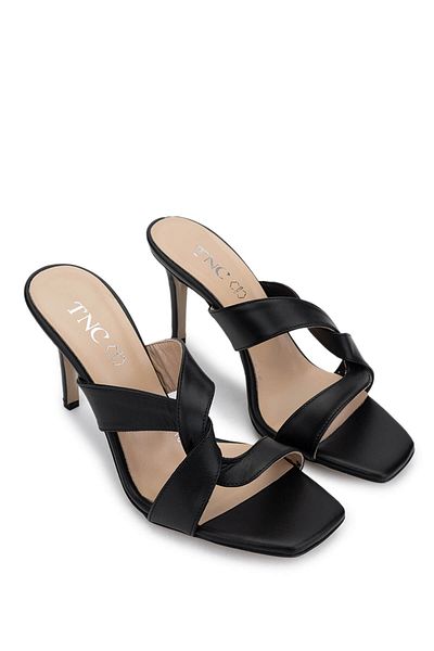 Tamer Tanca Women's Genuine Leather Black Leather Heeled Slippers