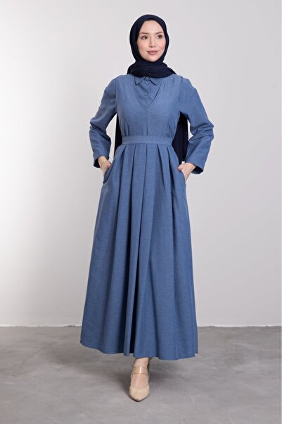 Lamia Giyim Tunik Parçalı V Yaka Tesettür Elbise İndigo