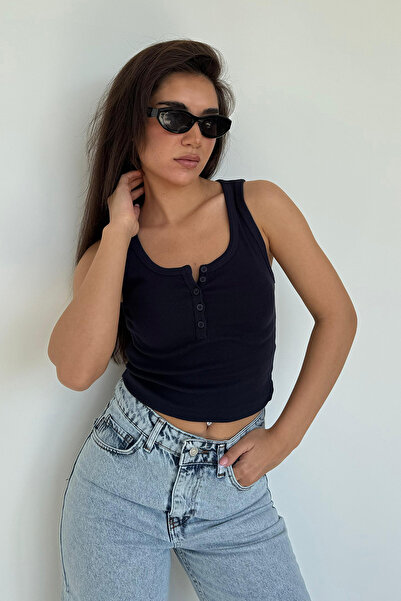 Madmext Navy Blue Buttoned Ribbed Undershirt Mg2453