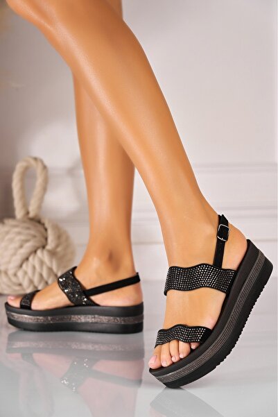 Joana Sandale dama cu platforma Negre din Piele Ecologica Intoarsa Astrid