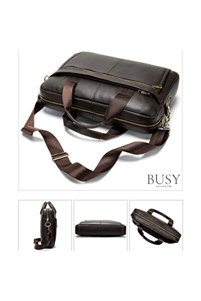 Busy Lady&Gentleman Geantă laptop 15.6' închisă la culoare, piele naturală, servietă unisex, compartimente multiple, maro închis