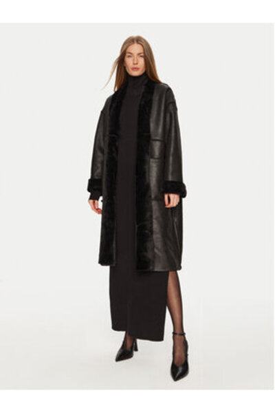 Eleh Palton din piele de oaie pentru femei E00250 Negru