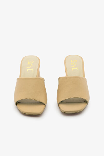 SAYL Γυναικείες παντόφλες με χοντρό τακούνι από γνήσιο δέρμα σε μπεζ χρώμα