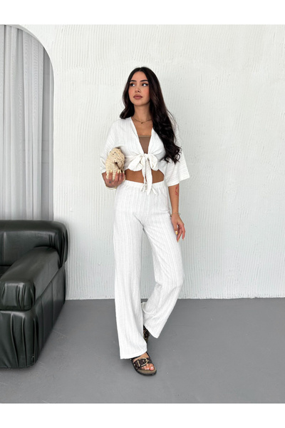 jöns since 1997 Women's Top Tie Blouse and Pants Cream Double Set