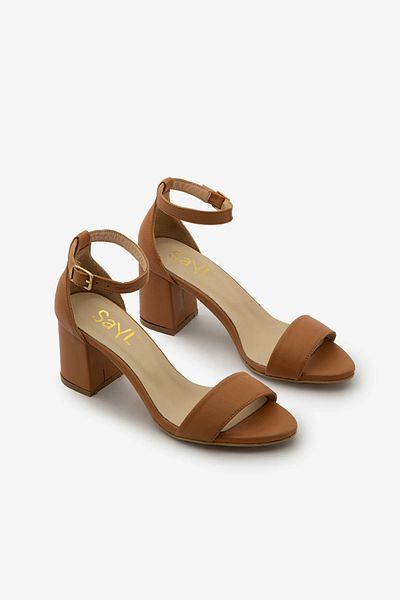 SAYL Tan Genuine Leather Ankle Strap Thick Heeled Women's Sandals