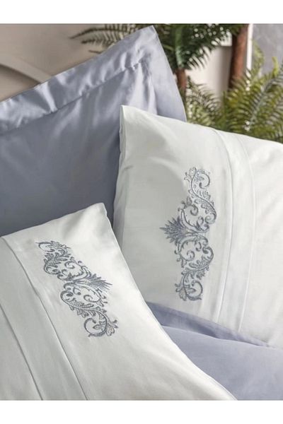 RBY Cotton Box Embroidered Double Satin Duvet Cover Set Bianna Gray
