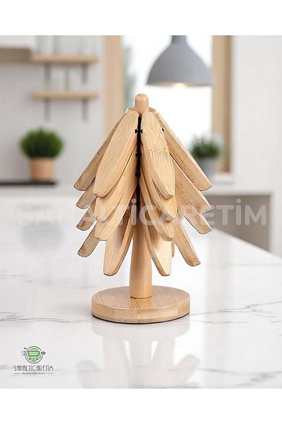 SANALTİCARETİM 4-Piece Wooden Trivet with Stand - Bamboo Trivet - Practical Folding Trivet - Bamboo Coaster