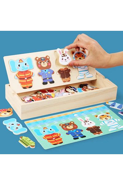 OEM Wooden Puzzle in a Box, Dress Up the Animals, Montessori