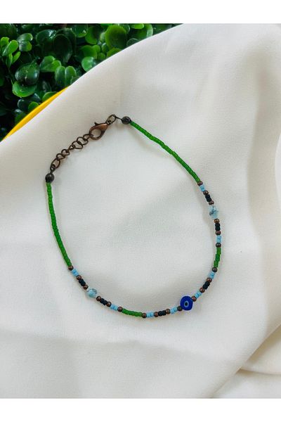 PONÇİK ACCESSORİES Evil Eye Bead Green Color Beaded Authentic Anklet (Average Size Is 24 cm)