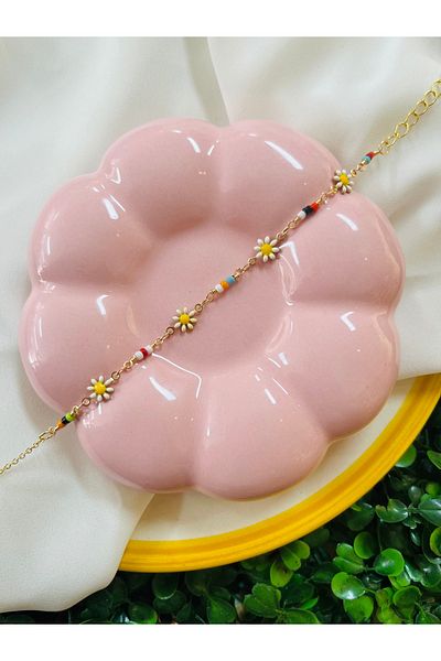PONÇİK ACCESSORİES Gold Colored Beaded Daisy Anklets (Average Size Is 26 cm)