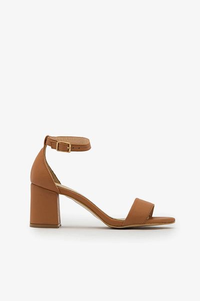 SAYL Tan Genuine Leather Ankle Strap Thick Heeled Women's Sandals