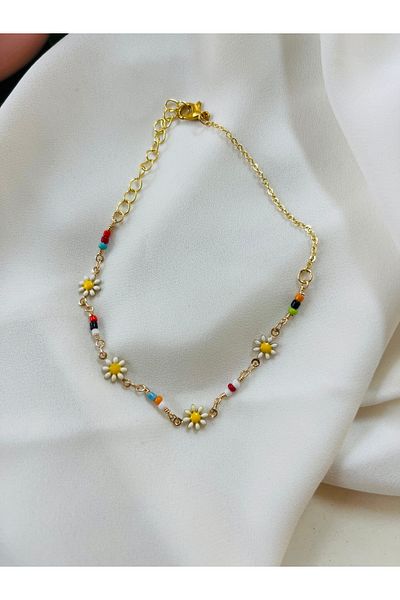 PONÇİK ACCESSORİES Gold Colored Beaded Daisy Anklets (Average Size Is 26 cm)