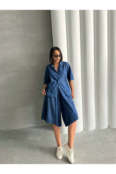 Miss Prova Loose Denim Shirt and Loose Iconic Capri Two-Piece Set Misstkm949