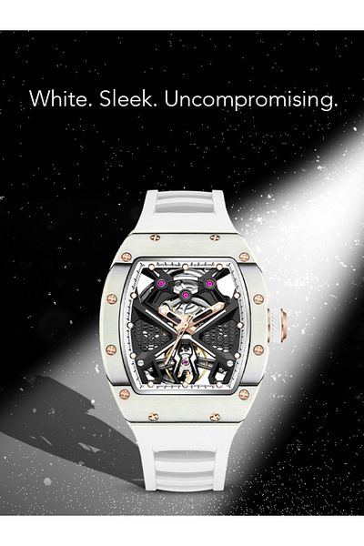 ALDEN ROYSTON Men's Luxury Automatic Skeleton Watch – White Strap, Rose Gold Accents