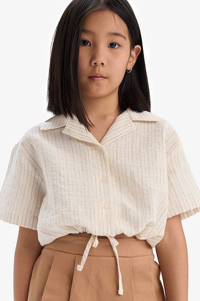 DeFacto D9146 White Girl's Cropped Fit Muslin Short Sleeve Shirt