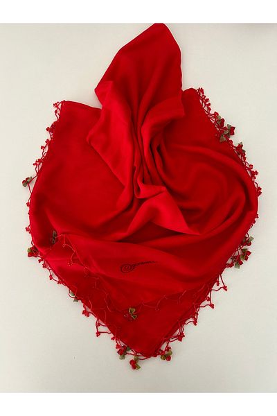 GÜNBATILI Handmade Cherry Embroidery Writing Edge Beaded Cheesecloth Handcrafted Embroidery 100X100Cm 4 Edges Embroidered