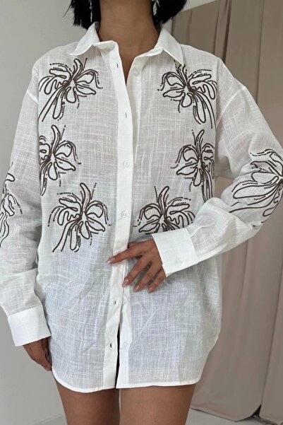 Melek Moda White Flared Linen Embroidered Sequin Shirt
