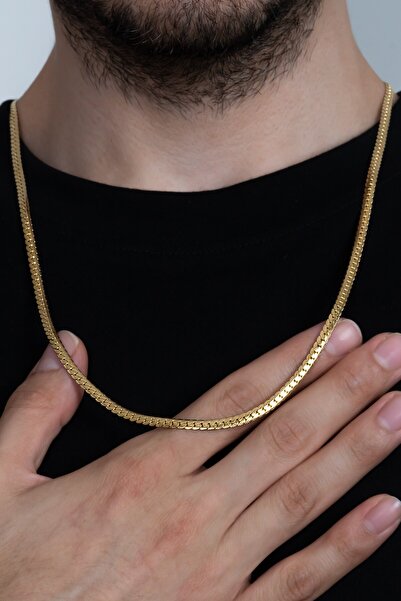 Takı Dükkanı Altın Kaplama Ezme Yassı Yılan Model Çelik Erkek Kolye eck37