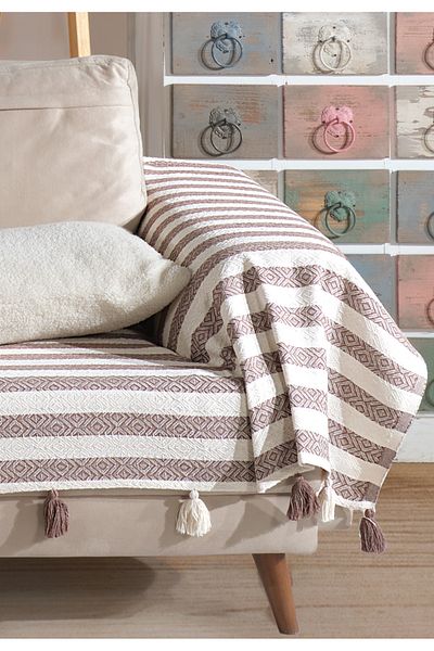 Lux Touch Калъф за диван с пискюли, кафяв, Pera, 300x110 см, 3 м, размер King Size, помпони