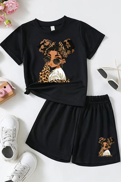 MYADA Leopard Buckle Cool Girl Printed Shorts Children's Suit 24031