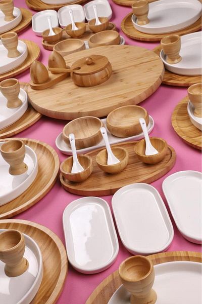 Atbyhome Hush 69 Piece Natural Bamboo Ceramic Breakfast Set for 12 People – Breakfast Set Presentation Set