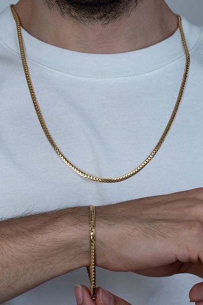 Takı Dükkanı Gold Crushed Flat Snake Steel Unisex Necklace and Bracelet Set Eck37s