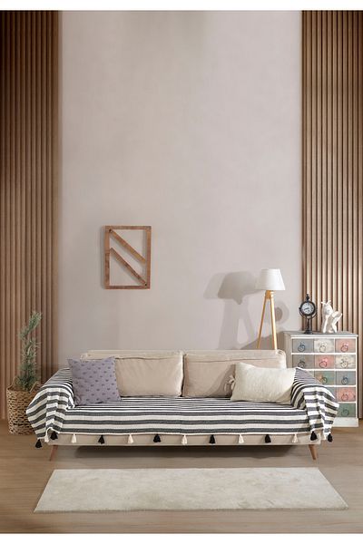 Lux Touch Pera Negru cu ciucuri Husa pentru brate 300x110 cm 3m King Size Canapea Divan cu pompon