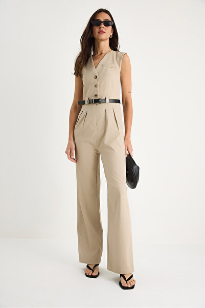 Bianco Lucci Women's V-Neck Belted Pocket Wide Leg Jumpsuit 90021 60283050