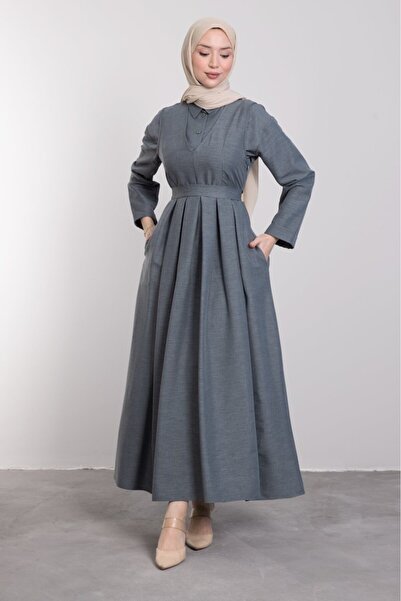 Lamia Giyim Tunik Parçalı V Yaka Tesettür Elbise Duman