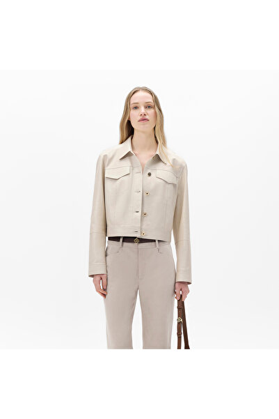 Desa Kadın Beyaz Gömlek Yaka Metal Düğme Detaylı Deri Ceket