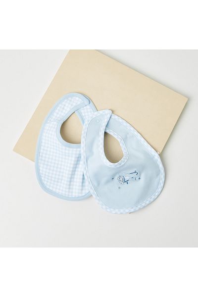 giggles Plane Embroidered And Checked Bib - Set Of 2
