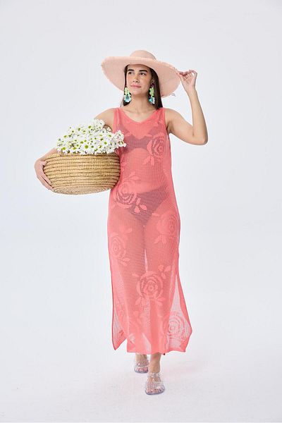 Peraluna Honeymoon, Openwork, Women's Long Knitwear Beach Dress - Koral