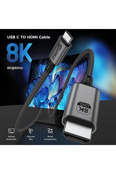 LUVLU Cablu împletit USB C la HDMI, UHD 8k@60hz, 4k@240hz, HDR, 3D, HDCP, viteză 48gbps, lungime 1.8m
