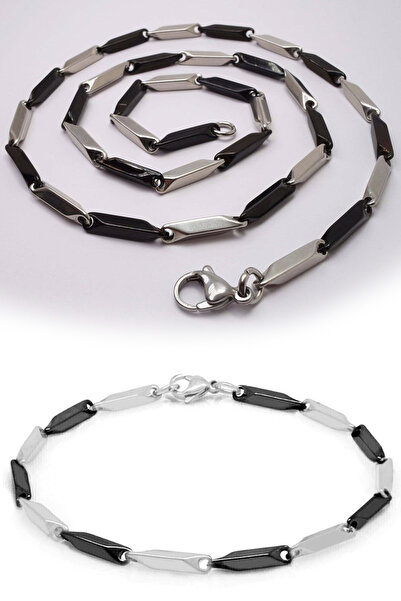 Takı Dükkanı Siyah Beyaz Kare Küp Model Erkek Çelik Kolye ve Bileklik Seti eck05s