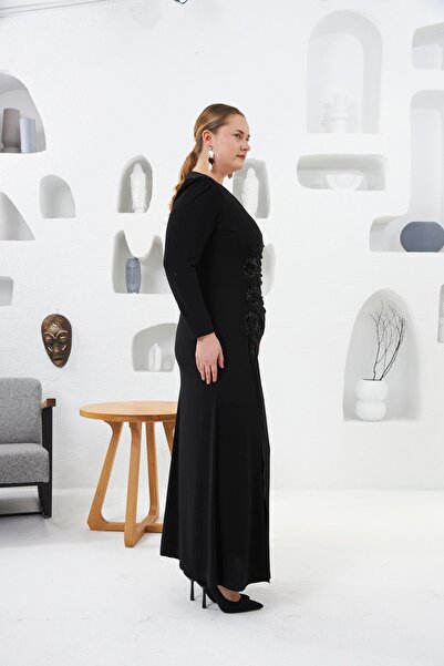 RMG Asymmetrical Drape Detail Lace and Applique Embellished Plus Size Evening Dress Black1