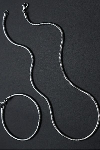 Takı Dükkanı Thin Snake Chain Italian Model Steel Necklace and Bracelet Set Eck58S
