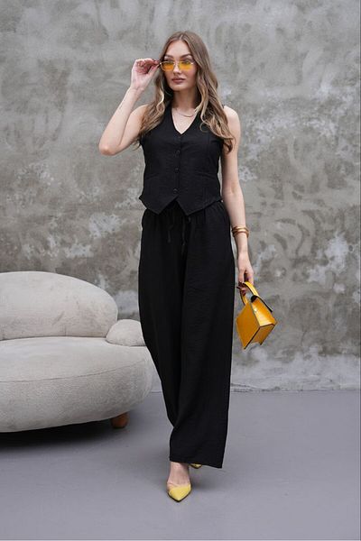 MODAMOR Black Women's Linen Look Double Suit (Vest & Pants)