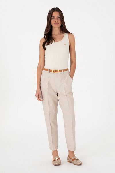 U.S. Polo Assn. Women's Sand Striped Linen Blended Carrot Fit Canvas Trousers 50309090-Vr085