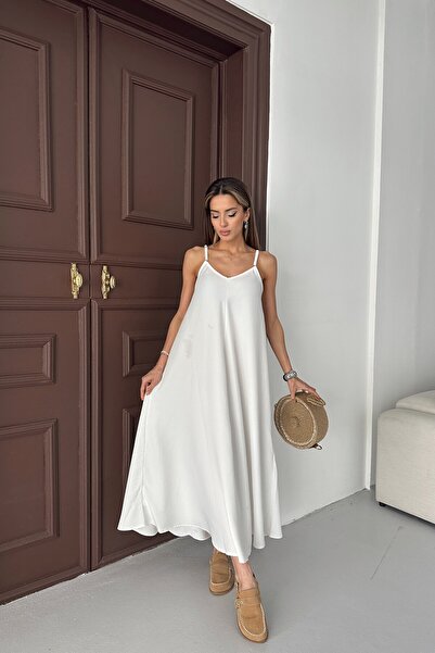 MAT Collection Kadın Beyaz İp Askılı Salaş Keten Uzun Elbise