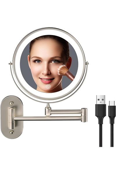 OEM Oglindă cosmetică pentru machiaj, iluminare LED, reglare intensitate, 3 culori, braț extensibil, nichel mat